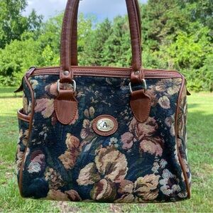 Vintage Apri Floral Tapestry Handbag with Brown Faux-Leather Accents Zip Close
